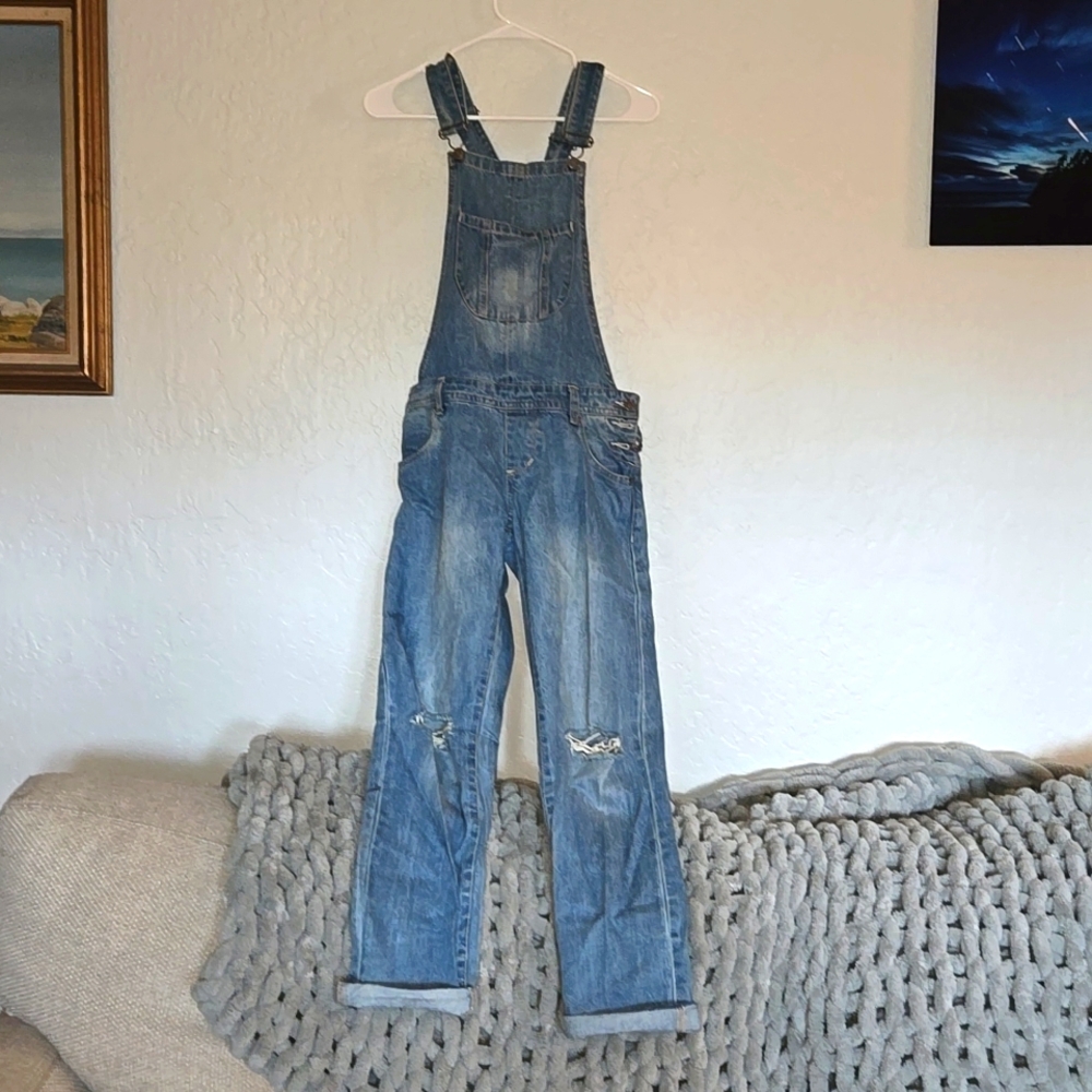 Distressed Blue, Denim overalls for size small or 4